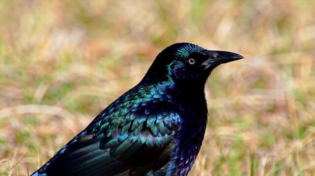 Grackle standing on a grassy field with iridescent plumage. High-resolution nature photo of a glossy black grackle. Detailed wildlife image of a grackle in dry grass.