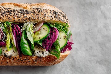 Vegetarian sandwich with fresh vegetables on rustic bread