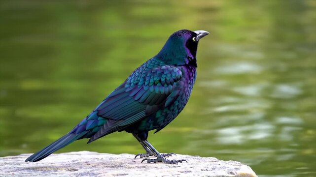 Glossy black grackle with iridescent feathers by a pond. Striking bird photography with yellow-eyed grackle. Natural scene of a grackle on a textured rock.