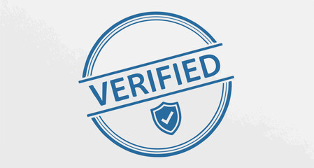 Blue verified stamp with shield on white background