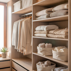 Organized Wardrobe's Refinement: A meticulously organized wardrobe showcases a collection of folded blankets, rolled towels, garments on hangers, and decorative storage bins.