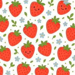 Cute Playful Strawberry Pattern with Green Leaves and Blue Flowers on White Background
