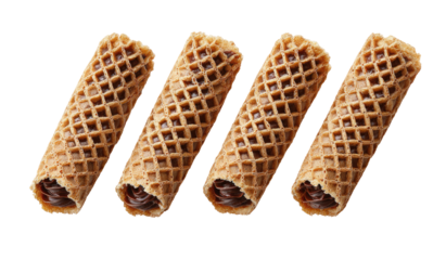 Four filled waffle rolls, arranged in a horizontal row.  The light brown waffles are  decorated with a diamond pattern.  Dark chocolate filling is visible inside