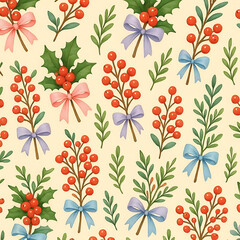 "Festive Pattern with Red Berries, Holly Leaves, and Pastel Ribbons on Soft Cream Background