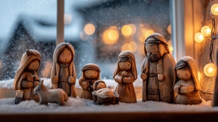 Nativity scene figurines standing on snow covered surface with Christmas lights glowing in background