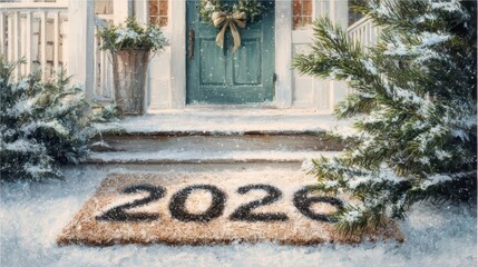 2026 new year concept with snowy house entrance and pine tree