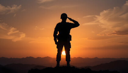 Silhouette of Strength: A resolute soldier stands tall against a fiery sunset, a symbol of unwavering dedication and honor.