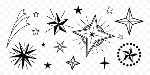 Collection of Hand Drawn Star Illustrations Celestial and Magical Design Elements for Graphic Projects and Creative Applications