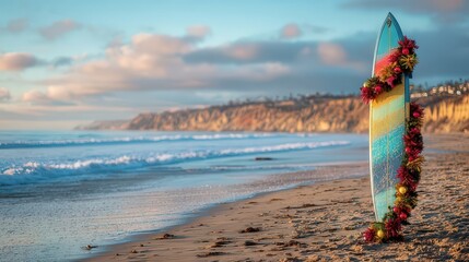 Surfboard decorated with christmas garland standing on the beach at sunset in California