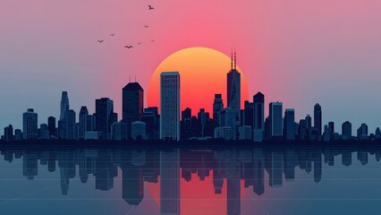 Sunset city skyline silhouette with towering downtown skyscrapers in Seattle and Chicago