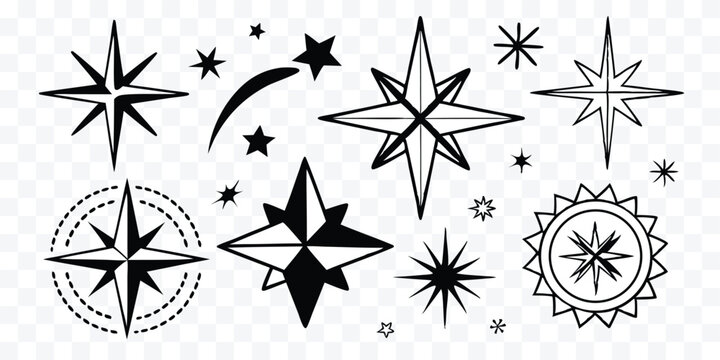 Collection of star illustrations in various shapes and styles for graphic design elements vector set