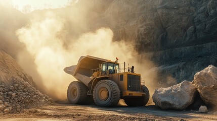 A powerful mining loader in a limestone quarry lifting