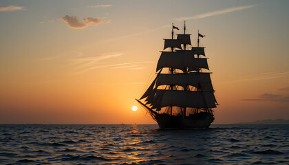 Obraz premium Sailing into the Sunset: A majestic tall ship navigates the open sea under the warm embrace of a setting sun, creating a scene of maritime beauty and serenity.