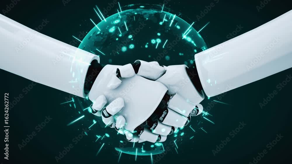 Wall mural 3d rendering hominoid robot handshake to collaborate future technology development by ai thinking br