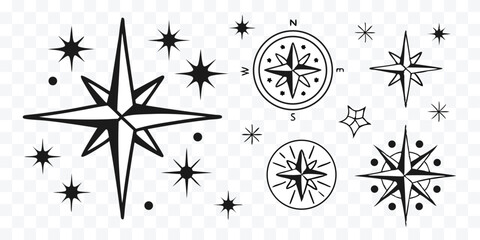 Set of stylized vector illustrations depicting stars and compasses ideal for vintage designs and navigational themes and celestial art © design png