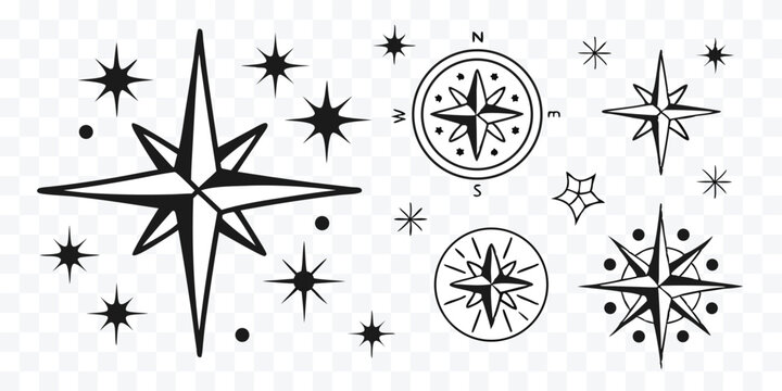 Set of stylized vector illustrations depicting stars and compasses ideal for vintage designs and navigational themes and celestial art