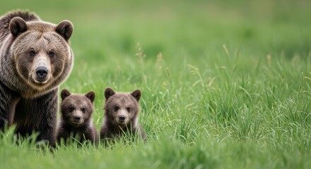 Fototapeta premium Vector art of grizzly bear mother with two cubs in a grassy meadow