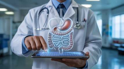 Doctor using tablet showing digestive system for medical diagnosis and healthcare innovation with modern tech