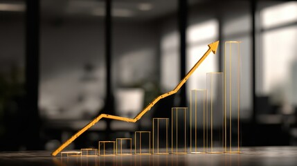 Golden arrow growing over transparent bar chart showing increasing profits