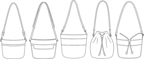 Set of women shoulder bags, handbag design collection, fashion accessory sketch, outline purse styles, vector template, bag CAD drawing
