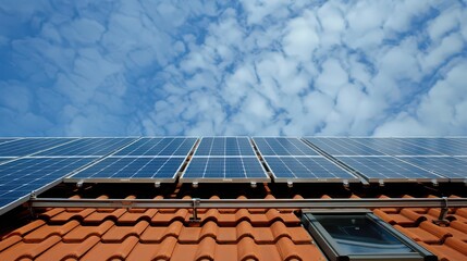 Solar panels on a red tiled roof with a skylight against a blue sky with white clouds above on a sunny day