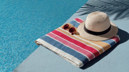 Straw hat and sunglasses resting on colorful beach towel by the poolside