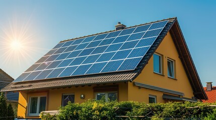 Yellow house with solar panels on the roof under a clear blue sky on a bright sunny day outside