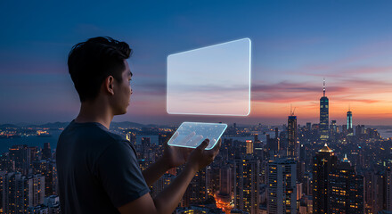 Futuristic Transparent Phone with AR Ad Over City Skyline