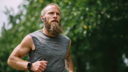 Sportsman jogging in park wearing earphones and smartwatch
