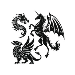 Black and white vector illustration of a rooster and dragon silhouette with heraldic tattoo design elements