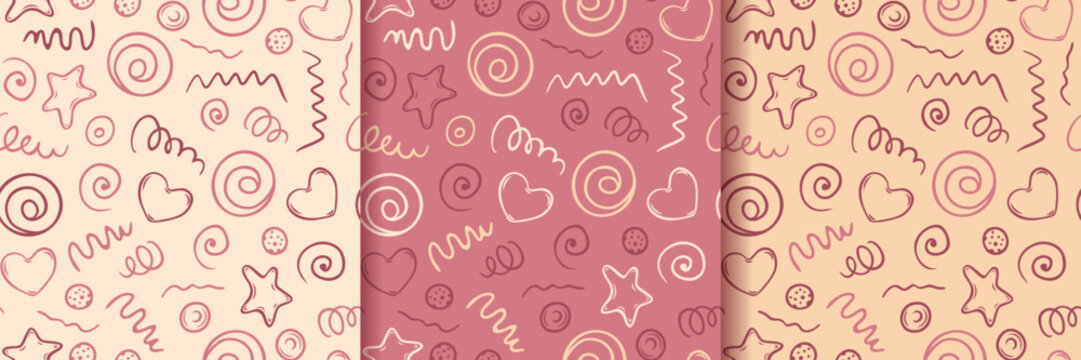 Set of funny doodle seamless patterns. Wrapping paper desing. Vector illustration.