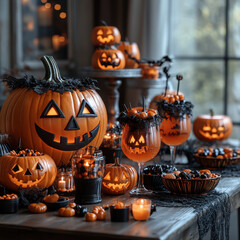 Jack-o'-lanterns and flickering candles displayed on a festive Halloween table.