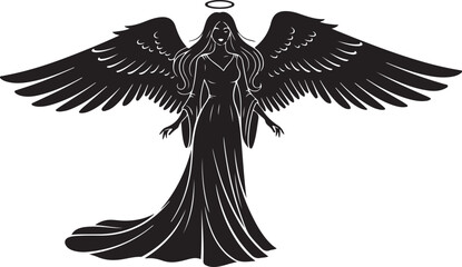 Fototapeta premium Black silhouette of an angel with large feathered wings and a halo female
