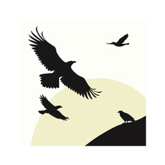 Vector silhouettes of flying birds in black showing various species like eagle, hawk, and dove in flight