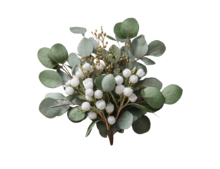 A close-up of a delicate bouquet.  Soft white flower clusters  are nestled among lush green eucalyptus leaves and subtle gold accents