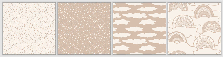Set of simple seamless patterns. Hand drawn ornaments. Polka dot background. Clouds and rainbow print. Vector illustration.