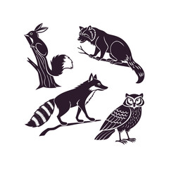 Vector set of tiger fox and wolf animal silhouettes and icons collection