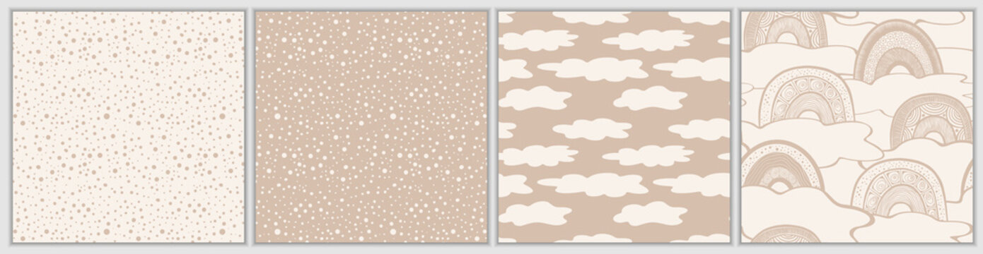 Set of simple seamless patterns. Hand drawn ornaments. Polka dot background. Clouds and rainbow print. Vector illustration.