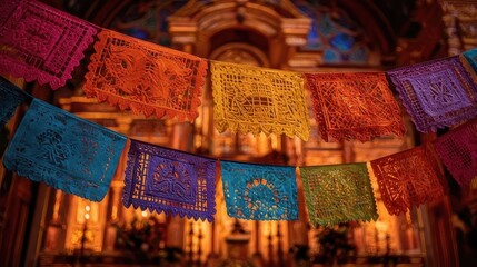 Colorful papel picado decorating a traditional mexican church