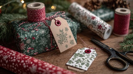 Christmas gift wrapping with decorative paper, tags, string and scissors