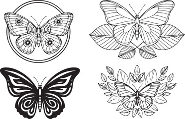 Fototapeta premium Four Stylized Butterfly Illustrations with Floral and Circular Elements outline black and white