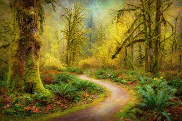 Obraz premium Misty, autumnal forest path winding through mossy trees