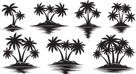 Fototapeta premium Set of Silhouetted Tropical Islands with Palm Trees and Reflections vector illustration