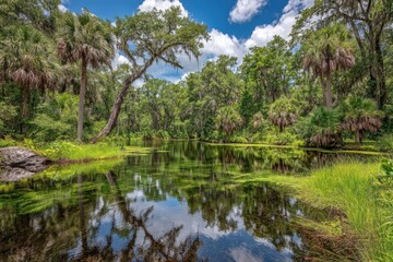 Tranquil pond reflecting lush forest canopy