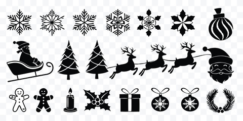 Christmas vector illustration set including snowflakes santa reindeer christmas trees and more holiday clip art in simple black silhouettes © design png