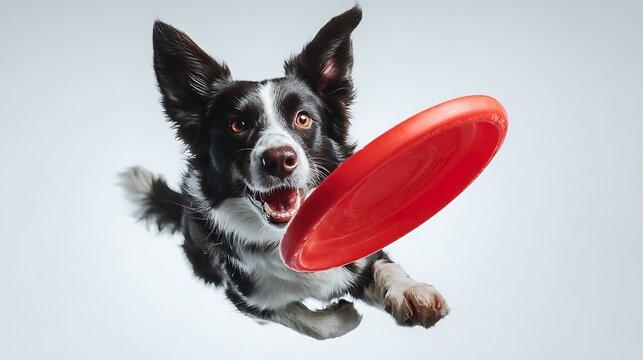 A beautiful, realistic action shot of a happy Border Collie dog catching a red frisbee in mid-air.
