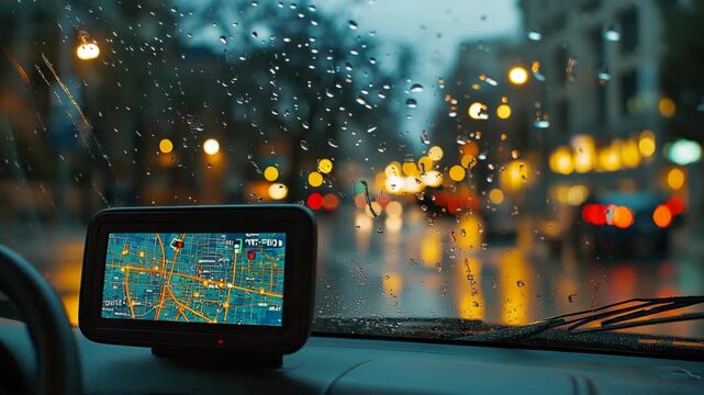Driving vibrant city at night navigating the damp streets illuminated by raindrops while relying on a digital map display for guidance, creates a unique adventure filled with atmosphere and innovation