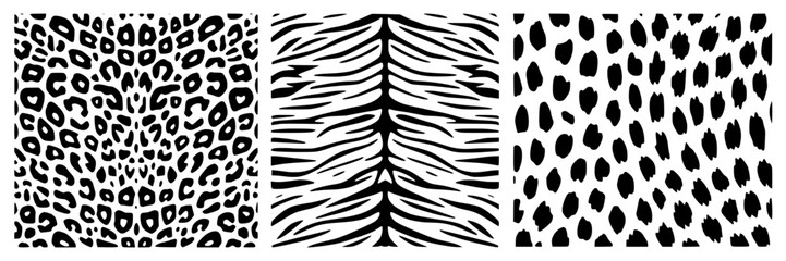 Animal print vector pattern set. Monochrome leopard, zebra, and dalmatian seamless textures. Black and white wild animal skin design elements for fashion, textile, and backgrounds.  Illustration colle