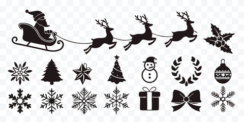 Black and White Christmas Silhouettes Santa Claus Reindeer Tree Snowflakes and Decorations Set for Festive Designs
