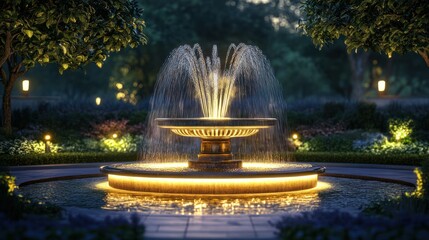 Illuminated fountain centerpiece surrounded by landscaped gardens at dusk